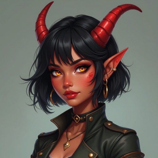 A female tiefling with short black hair in a bob cut with bangs has red skin and orange eyes, tiefling rogue, female tiefling, red skinned female, female with black hair, female with orange eyes, tiefling female, female rogue, dnd rogue, dnd female,