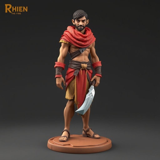 Create handsome hero Rhen the Fire – A lean, muscular man. He wears layered, flowing desert robes dyed in warm reds and golds, with scorch marks where flames have licked them. A curved blade hangs at his hip. Show whole body head to toe including her shoes.