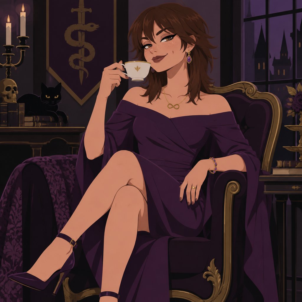 Female, slim, straight brown medium length wolf cut hair ears completely covered by hair, freckles, dimples, long eyeliner, upturned nose, drinking tea, bad guy, knee length purple dress off the shoulders, jewelry, necklace infinity symbol, heels, wedding ring, smirk, no cleavage showing