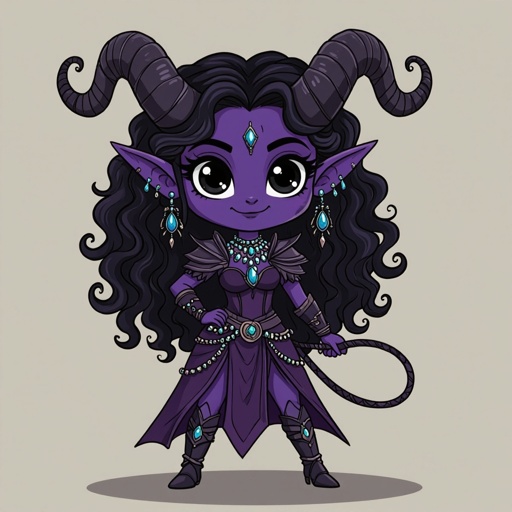Tifling eldrich knight black eyes purple skinwith long black curly hair, long curly horns , lots of jewelry, carrying a whip