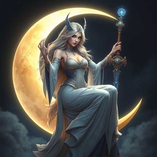 The moon goddess, with a sword painted blue, sitting on the moon, caressing it with its pale hands.