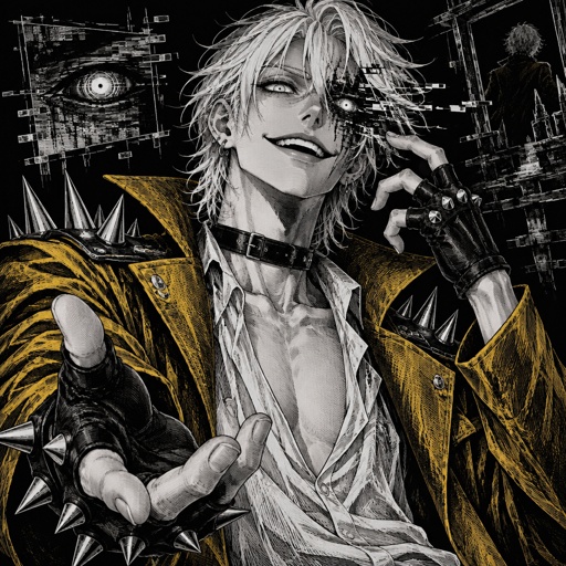 Male, slim, cheekbones, white hair, smooth on top spiky on the bottom, neck length, white eyes, yellow trench coat, metal spike shoulder pads, black choker, low cut white shirt, fingerless gloves with spikes, insane smile, glitch powers, one missing glitchy eye,