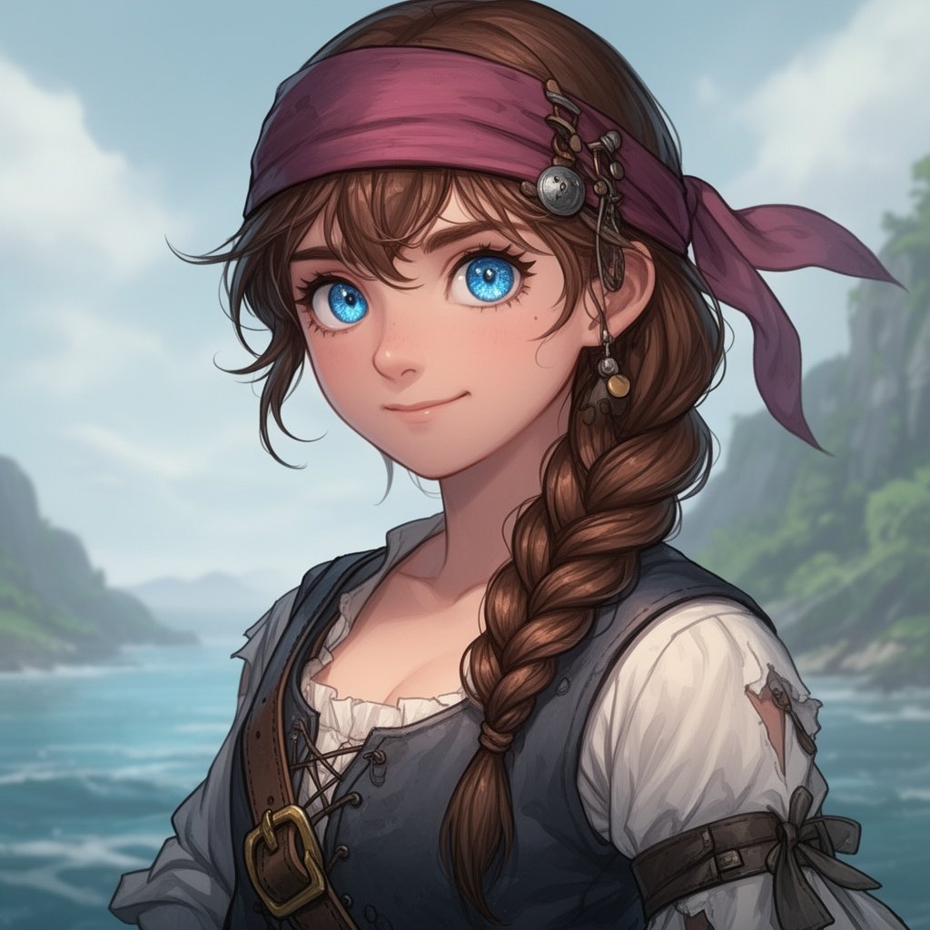 Teenage Pirate girl with brown hair and blue eyes