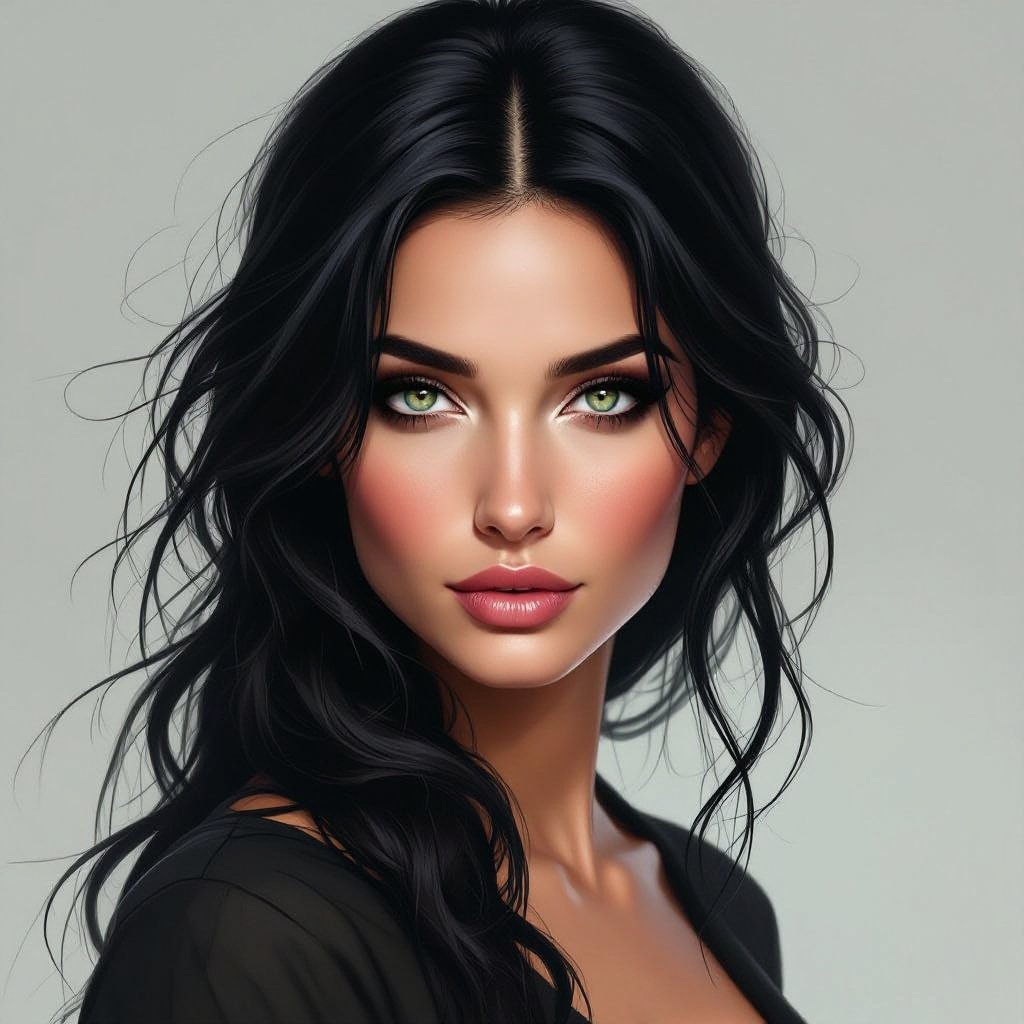 Show character head to toe. Create a mid age fantasy woman jet-black hair is cut sharpand her eyes seem to pierce through darkness. A shadowy aura clings to her form,