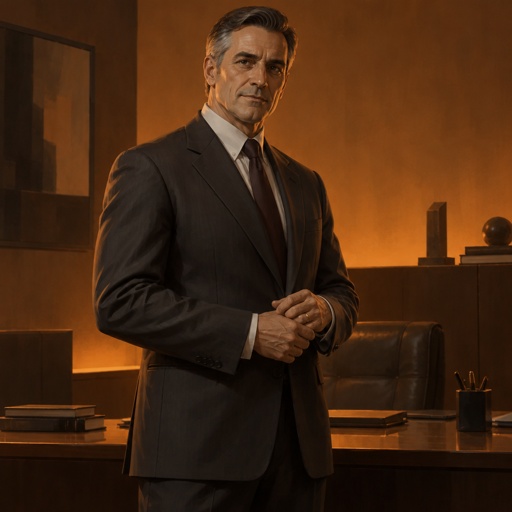 Mid-fifties man, tall enough to be still instead of loud. Gray at the temples. Suits that are not fashion, collar open or buttoned depending on the room. Hands that do not fidget, wedding ring he does not touch. Kind at the mouth, closed at the eyes. Reads as both a father and a director in one silhouette. Never a field man. Windowless sodium office or landing. Fortiche painted, realistic cloth weight.