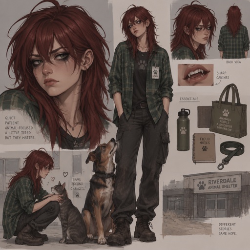 Female, straight wolfcut dark red hair, bangs, strand of hair sticking up on top of head, green flannel, dark mascara under eyes, sharp canines, pouty, quite, works in an animal shelter, concept,
