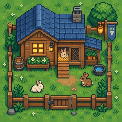 cozy rabbit hutch for a modern fantasy game, exterior, top down style