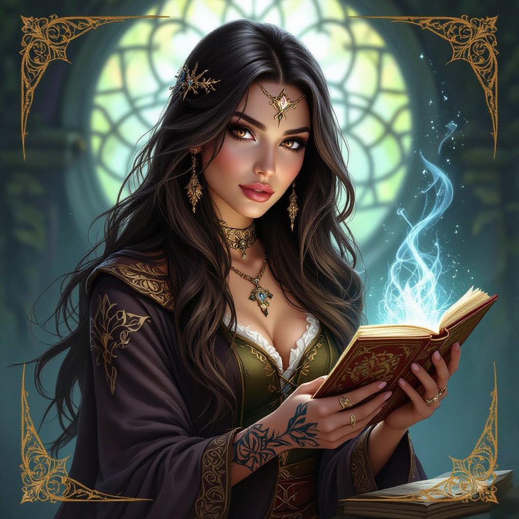 Kobieta człowiek. Ciemnobrązowe  do pasa włosy, brązowe oczy, pełne usta, delikatny makijaż, tatuaże. Wróżka tarota