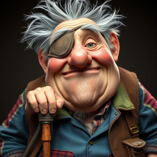 Create a grouchy funny old character who has 1 eye patched. Make him fat with a cane. Show his whole character head to toe in image 