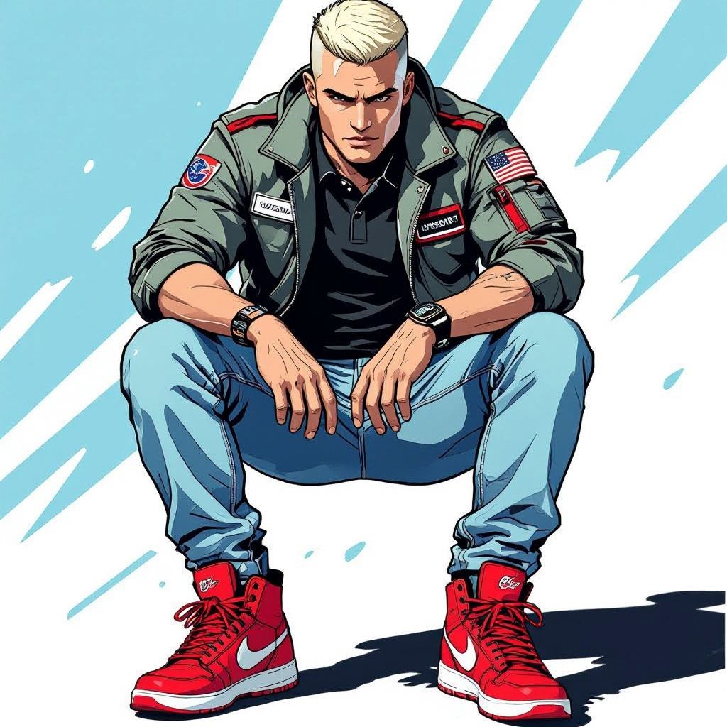 man with Platinum Blonde Military Buzzcut Hair.  Astronaut Flight Jacket Black And White Polo and Light blue denim jeans with red sneakers