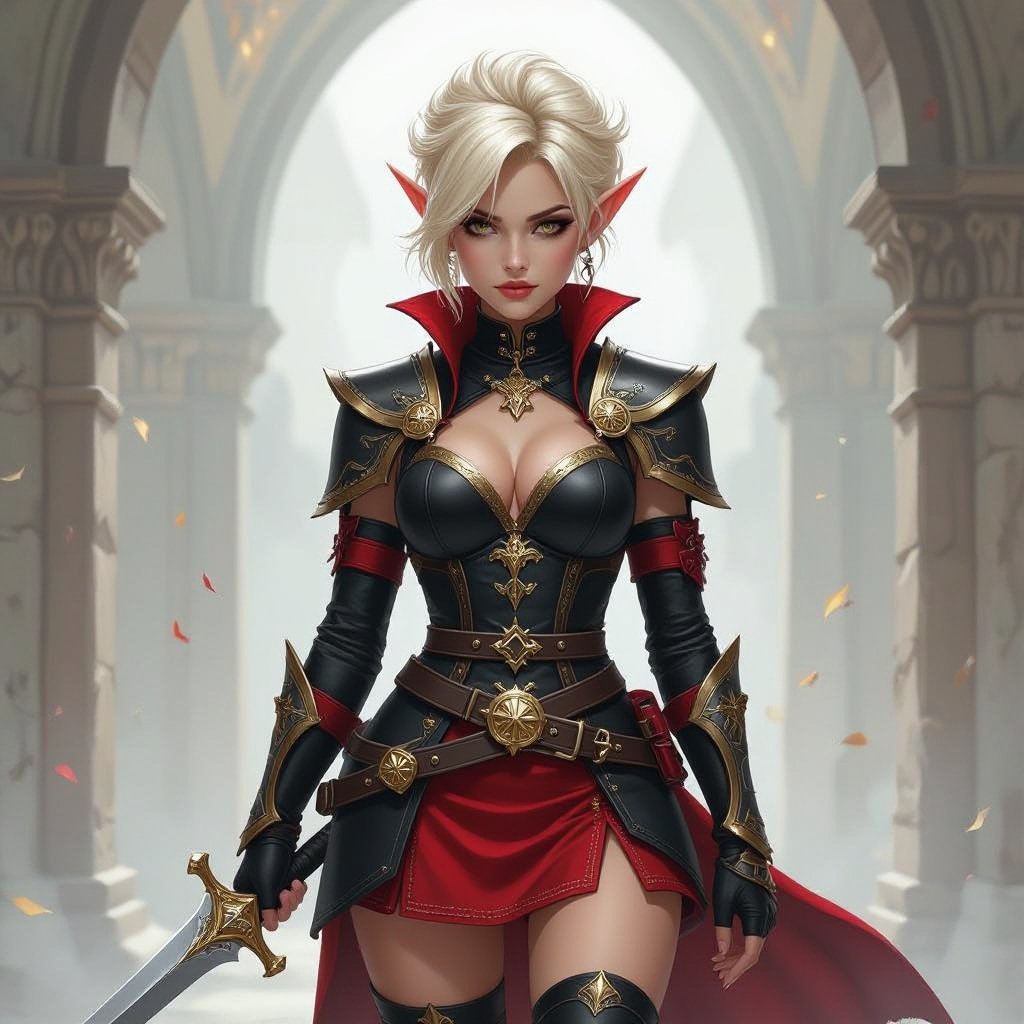 Blonde Pixie Cut High Elf Fantasy Cleric Assassin black and Red mini skirt 