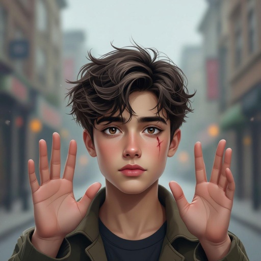 Dark Mysterious teen boy with dark brown hair brown eyes and with a dark past with face scar