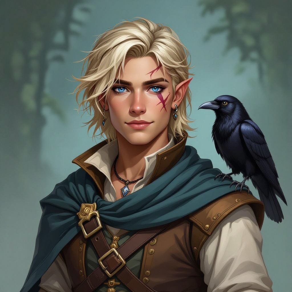 A non-binary DnD character (maskuline), background merchant, class rogue, species Aasimar, blonde slightly longer hair, blue eyes, scar on eye, early 20s, companion animal one raven “Fips.”