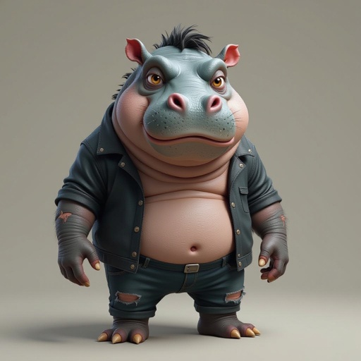 Create a funny looking monster dressed like a dj kinda with hippo monster face