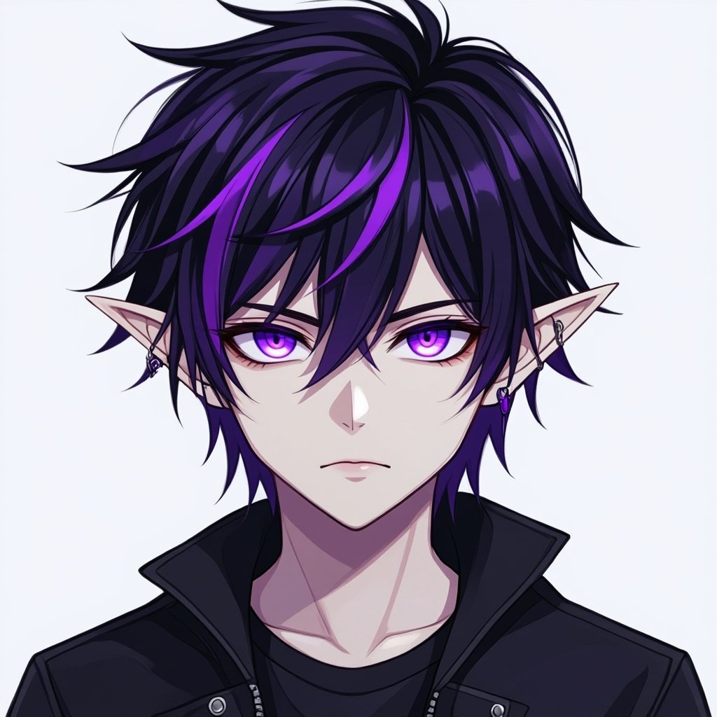 Anime boy, emo, black and purple streaks in hair, elf ears, glowing purple eyes