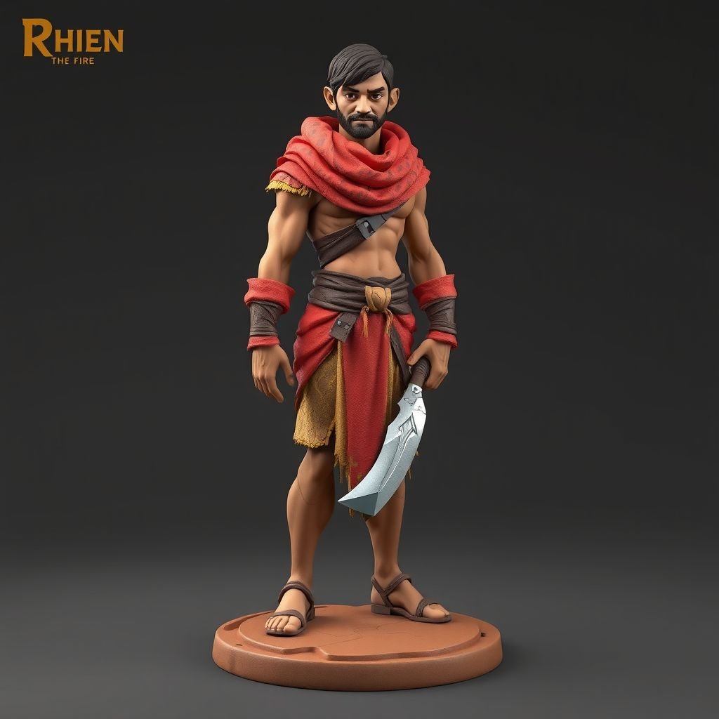 Create handsome hero Rhen the Fire – A lean, muscular man. He wears layered, flowing desert robes dyed in warm reds and golds, with scorch marks where flames have licked them. A curved blade hangs at his hip. Show whole body head to toe including her shoes.