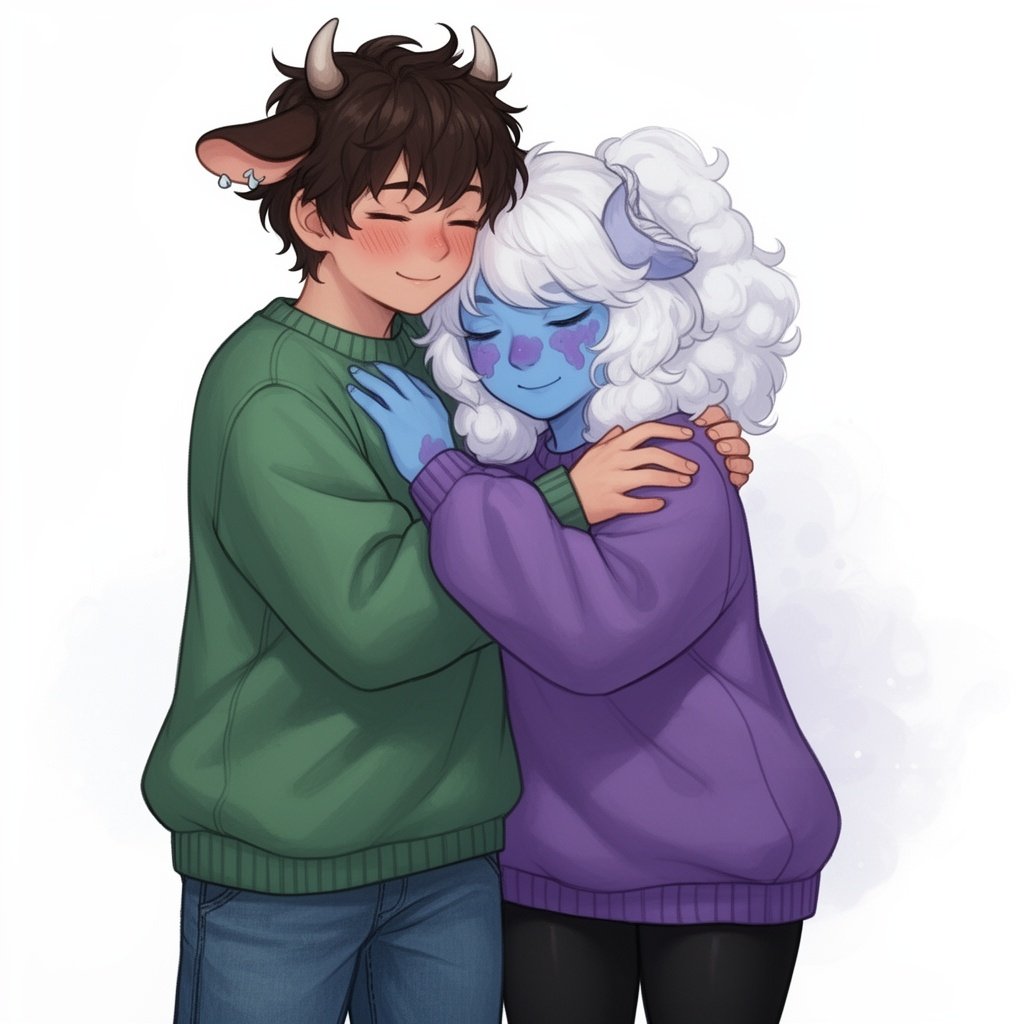 Two characters hugging wearing matching sweaters. The boy has a green one and the girl has a purple one. The boy has dark brown hair, small horns and cute cow ears. He is a little taller than the girl and usually has a blank expression but blushes a lot around her( he is also wearing jeans) the girl is wearing a matching purple sweater ( both are oversized) , her skin is blue with purple patches and she has a soft cloud shaped poof of white hair that covers her eyes. She is also wearing black leggings.  She has cute blushing cheeks and two small black dots on each .A purple patch covers right side of her face. 