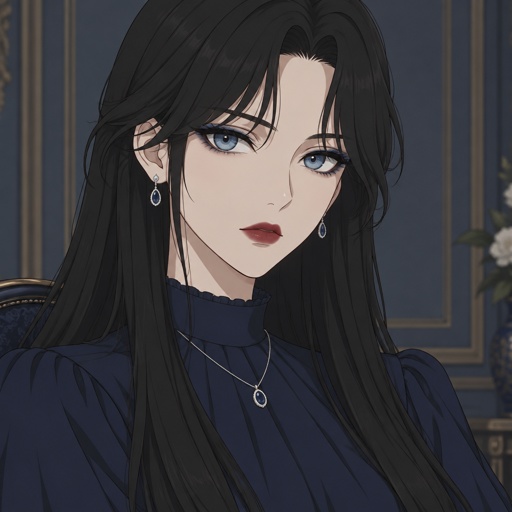 Female, tale, pale, beautiful, black hair long curtain bangs style, bright blue eyes, very beautiful wearing a dark blue modest dress, dark blue eyeshadow, red lips, wearing jewelry,has a husband, two children one daughter one son,she seems cold and harsh but is really kind had to raise her younger brother and sister when there parents died, she was only 22, her and her brother have a hard time getting along they argue a lot