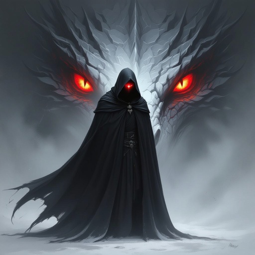 A man in a black cloak hiding his appearance in a veil of darkness behind the veil of his cloak is a single open blood red dragon eye were his left eye would be
