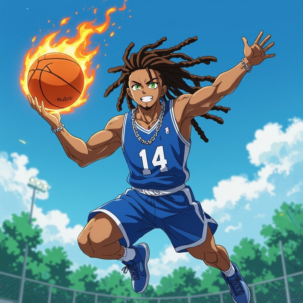 My character is a kind of muscular guy with green eyes and lighter shade skin color 12 big Dreadlocks and a blue basketball jersey with the number 14 and a chain on his neck and he is jumping high in the air to dunk the ball that is made of fire high in the sky