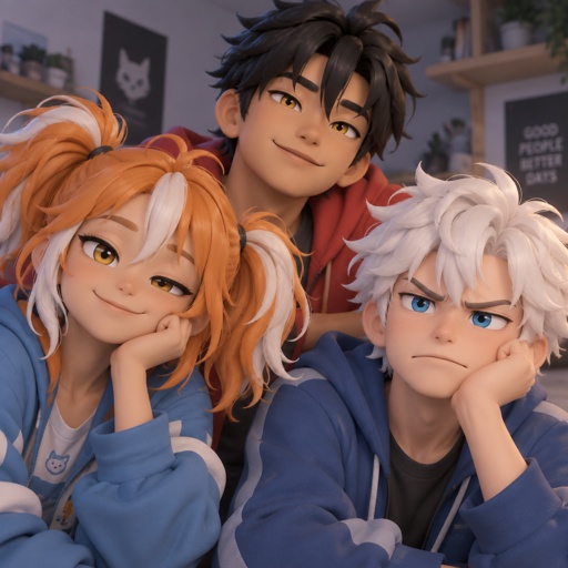Female, smile, yellow eyes, orange and white messy pigtails, short, wears blue, one droopy eyelid, Male, smile, Asian, neck length black hair, yellow eyes, eyeliner, wears red casual clothes, small mouth, Male, fluffy white hair, big blue eyes, long smile, snobby, wears blue,irritated 