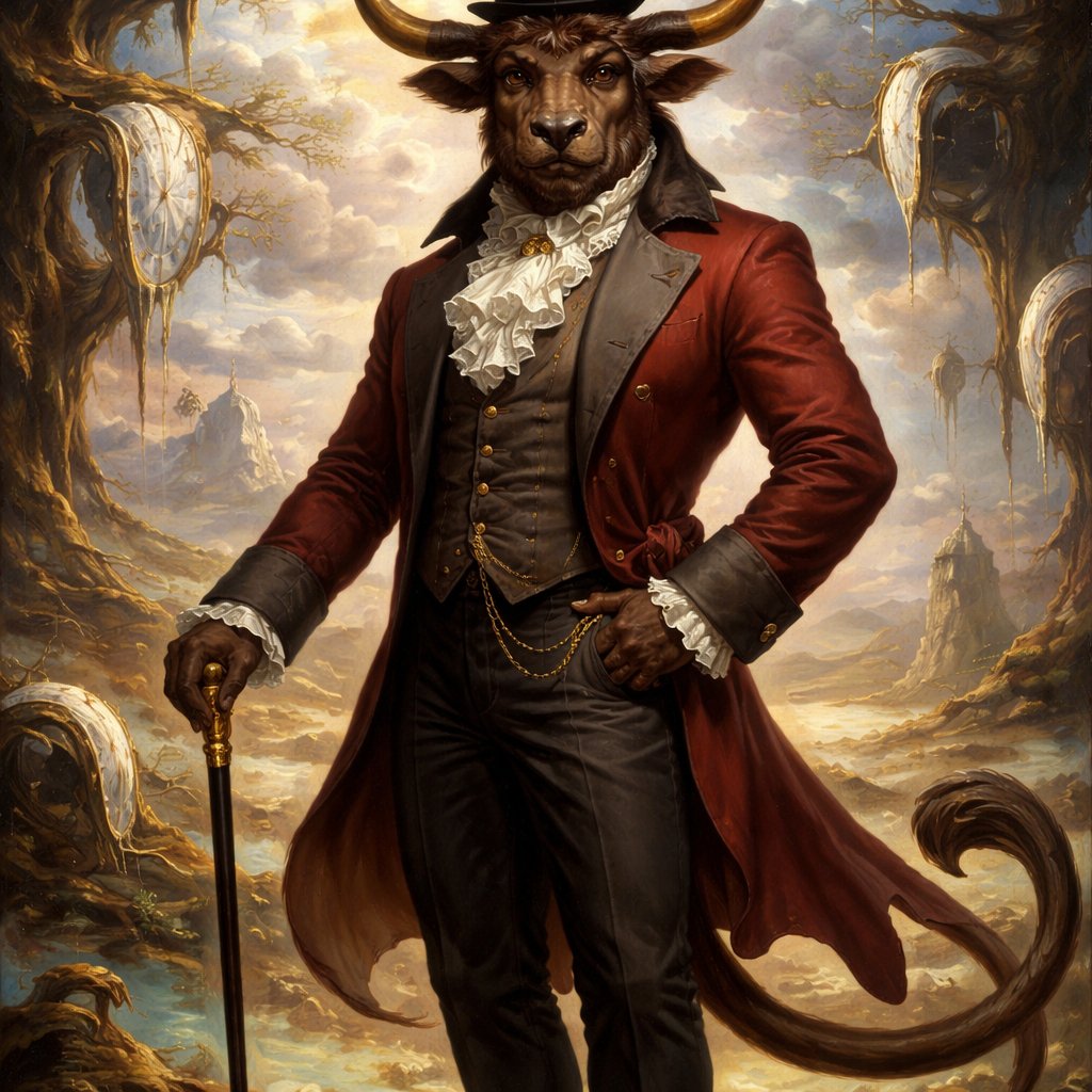 A captivating chestnut brown male Minotaur that’s 6 1/2 feet tall with well~proportioned figure/body with deep set cattle like brown eyes, large powerful gleaming horns like his fathers, a , long tail. He works at freak show as the ringmaster and his abilities are Reality Rejection, Time Manipulation (Chronokineses), Zoolingualism (Language of Cattle only), Human Speech. His outfit consists of a crimson tailcoat, frilly shirt, stunning grey blazer, black pants and top hat.