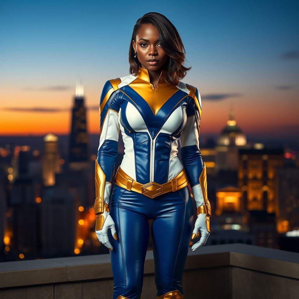 African American female superhero with shoulder length hair in a side part style and  wearing a homemade leather white blue and gold suit with blue pants with a stylized V as her chest emblem wearing gold flat boots  made of gold fire standing in Philadelphia at dusk