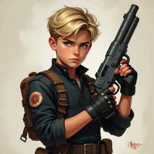 Dirty Blonde short hair teenage boy with dark training outfit on and a training hand used weapon 