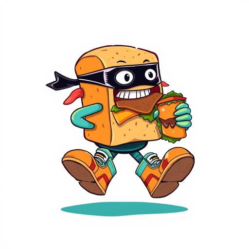 Create a funny looking clumsy sandwhich thief with funny shoes on. Make him have on the bandit black thing around his eyes 