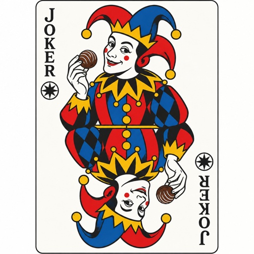 Jester holding a candy truffle on in a bicycle playing card style   