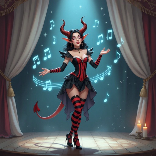 The image depicts a semi-realistic fantasy character performing on a softly lit stage. She’s a tiefling — a humanoid figure with small curved horns, pointed ears, and a slender tail tipped in dark red and black. Her skin is porcelain-pale, and her long silver-white hair flows past her shoulders beneath a black beret.  She wears a whimsical mime-inspired outfit: a sleeveless black and deep-red striped dress with suspenders, matching thigh-high stockings, and long gloves in the same pattern. A bright red neck scarf provides contrast, and her makeup exaggerates her expressive features — dark eyeshadow, vertical lines beneath her eyes, and small red lips parted in mid-song or gasp.  Around her, faint glowing blue musical notes spiral through the air, suggesting she’s singing or casting a magical performance. The background shows a wooden stage framed by ivory curtains and soft candlelight, giving the entire scene a theatrical, vintage cabaret atmosphere.  The overall mood blends elegance, whimsy, and a hint of melancholy — as if this performer’s music carries both laughter and longing.