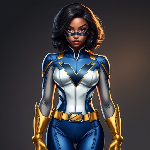 A teenage African American female with shoulder length curly hair  in a side part style superhero  wearing a  DOMINO MASK and a professionally made slightly armored white and blue suit with blue pants gold accents and a stylized V as her chest emblem a utility belt and gold boots