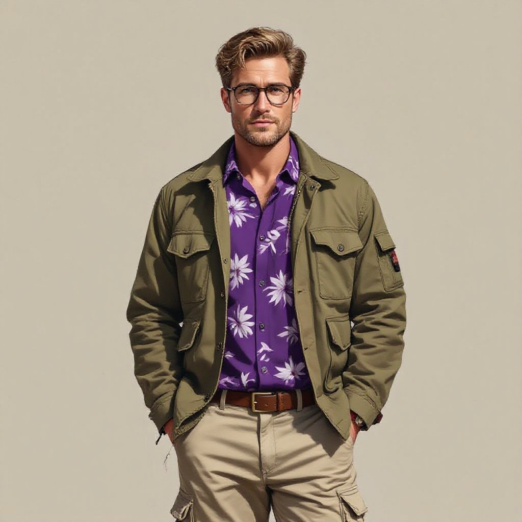 A Man in a Purple Hawaiian Button Up and Beige Cargo Pants. Light Brown Hair Glasses and a worn Army Jacket and Brown Boots