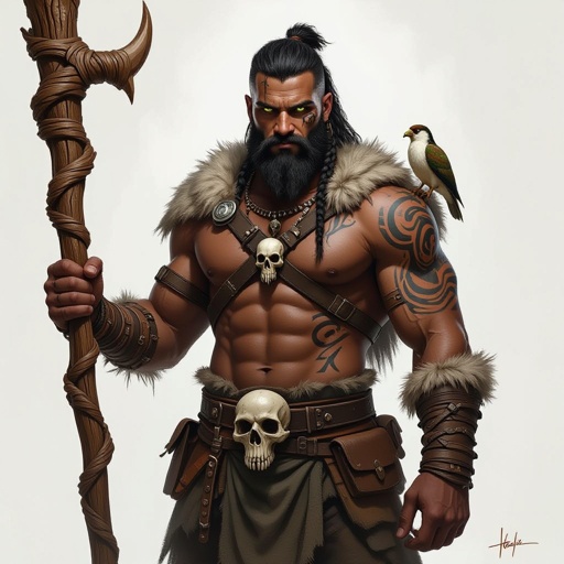 Kael the Beastbound – A rugged, broad-shouldered man with black skin and a rough beard, wearing armor made from bone and leather. deep green eyes tattoos of animal tracks spiral down his arms. He carries a massive wooden staff carved with the shapes of beasts, and small creatures often perch on his shoulders or follow at his feet.
