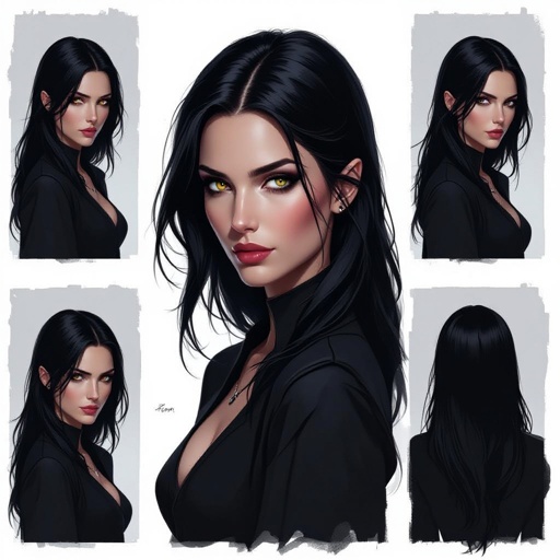 Show character head to toe. Create a mid age fantasy woman jet-black hair is cut sharpand her eyes seem to pierce through darkness. A shadowy aura clings to her form,