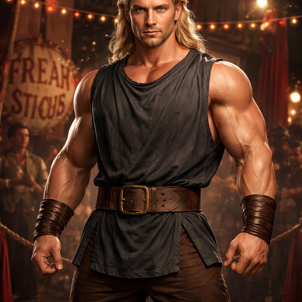 A tall well~proportioned male, so handsome he looks like a Greek god with muscles. With deep-set blue eyes and strong brows, hinting at inner depth“. His hairstyle is a blonde mullet. He works at freak show as a strong man. His outfit consistsed of a Charcoal-toned sleeveless Greek tunic, thick leather belt, leather wristbands/cuffs, brown pants.