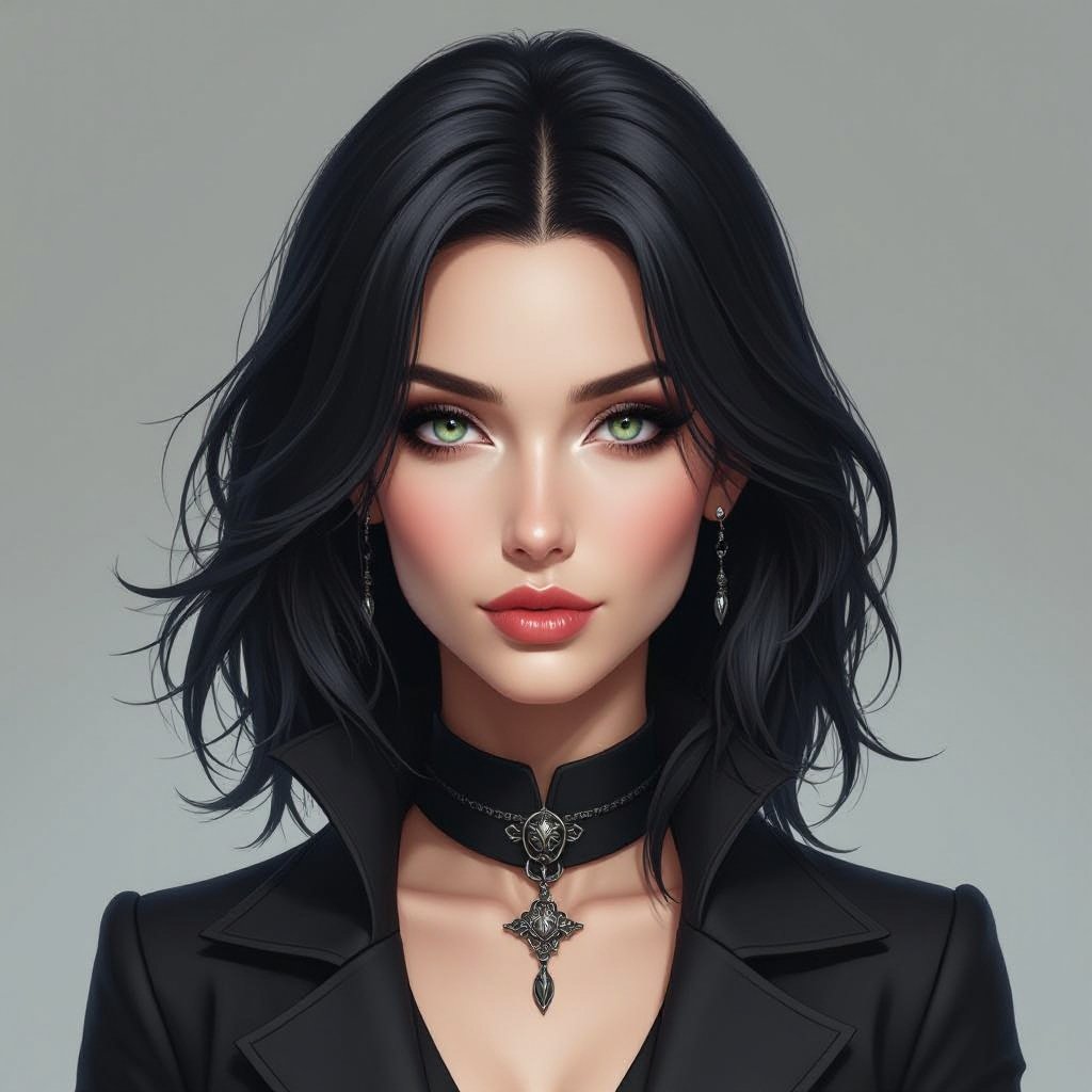 Show character head to toe. Create a mid age fantasy woman jet-black hair is cut sharpand her eyes seem to pierce through darkness. A shadowy aura clings to her form,