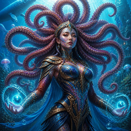 a woman in a costume with an octopus on her head