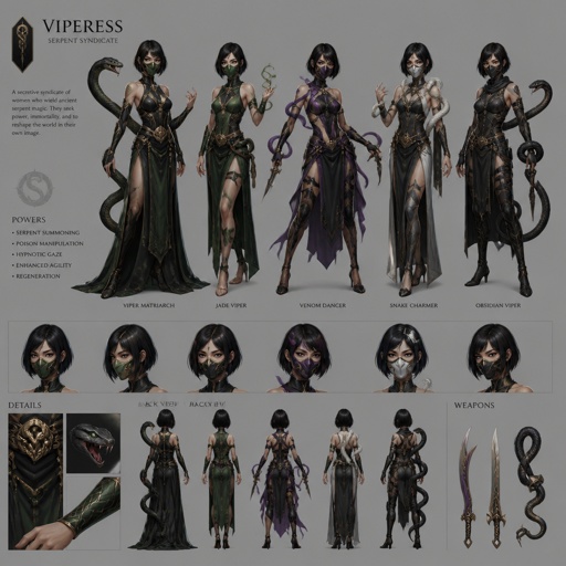 Female villain with snake powers, cool costume, mask, Asian, short hair,multiple of the same character 