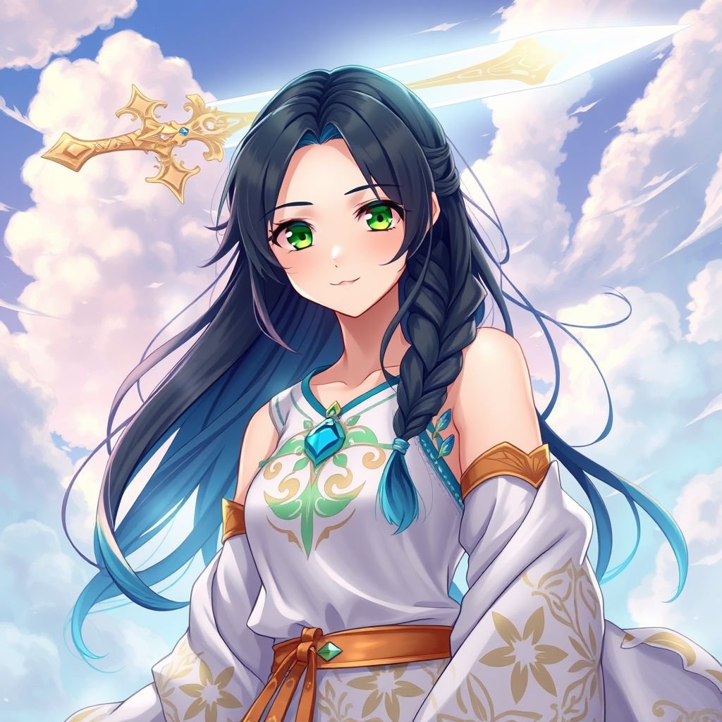 A mildly pale teenage girl. Two-piece goddess-like clothing, glowing emerald eyes, hair as black as coal with cyan tips tied up in a long plait weighed down by a legendary sword, levitating above the clouds