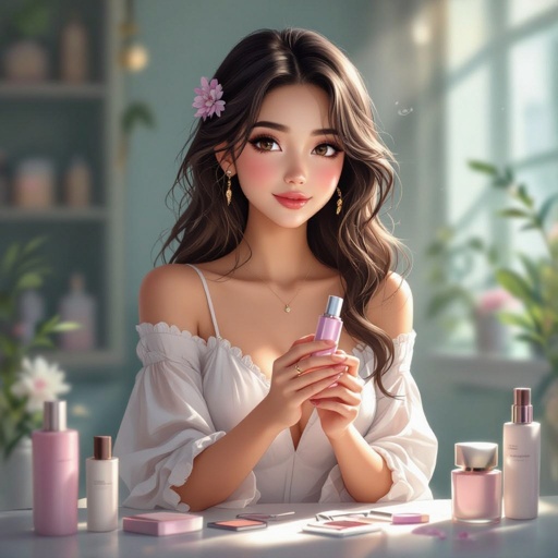 Create a character showing there whole body head to toe, a lady who loves beauty products  