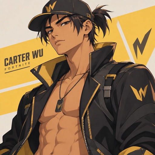 Carter wu from Fortnite, short pony tail, jacket with no shirt, cap