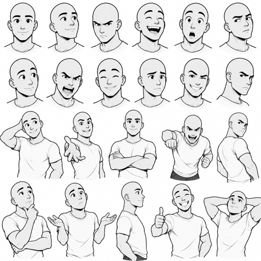 Different face expressions male half body drawing base, dynamic, bald, face expressions head different directions, no color