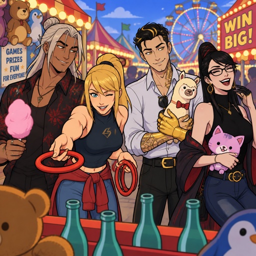 Kado Thorne from Fortnite pale and tan white hair medium length back hair bun, Samus Aran zero suit, Midas from Fortnite, Bayonetta from super smash bros short hair, all at a fair, playing fair games, all wearing casual clothes, double date 