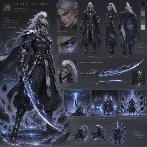lightning dark knight, white plume helmet, grey hair, eye of the storm mark, baggy pants, scar eye, teleportation ability, storm creation, lightning curved sword, electromagnetism manipulation, blue black grey and silver