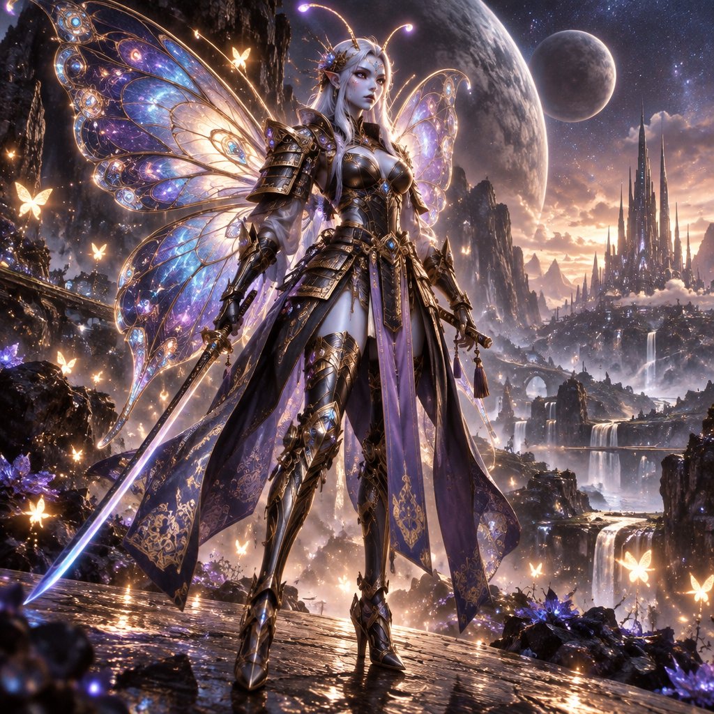 A gorgeous alien butterfly woman in a futuristic space samurai armor. Show whole body.