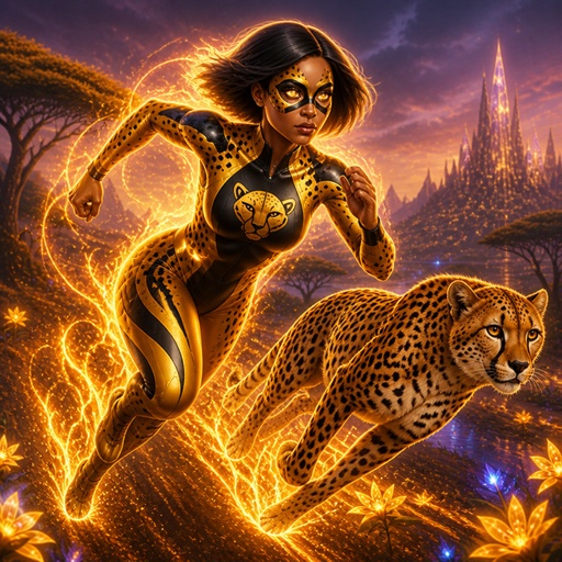a painting of a woman running with a cheetah