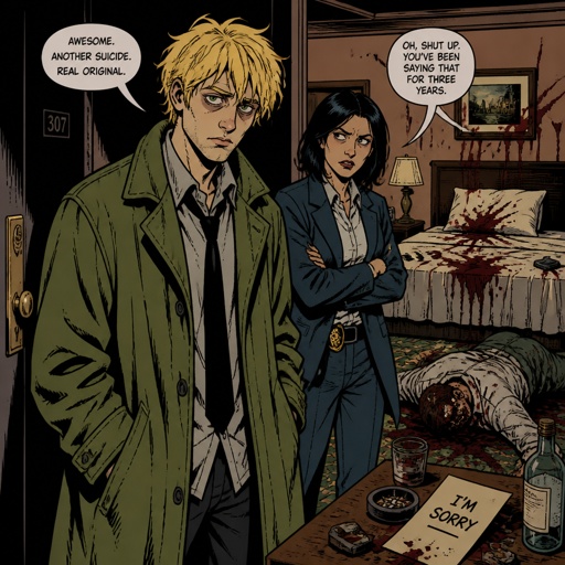 Anime Male great detective takes his job real seriously and is really good at it in his mid 20s with medium really crazy messy light blonde hair, tall thin, tied, strange green eyes wearing a baggy loose mossy green jacket tired face thinking hard about the crime scene and talking to his partner about it, partner looking annoyed at him but also concerned about him but also trying to take this case seriously they are talking about the crime scene and what could have happened and who would do this, crime scene is in hotel room, very gruesome one, no one new the person was even there and was only found out today making it harder to figure it out but the detective won't give up and do whatever he can, his parent and him get into arguments usually his partner will say “you really need some rest you can barely stand and your speaking trails off, how do you expect to finish this case with the little sleep and food you eat” detective will reapply “ all I need is some coffee, I can survive and I don’t plan on resting till I get to the bottom of this, don’t worry so much it never helps with anything anyway” as he starting to nod off 
