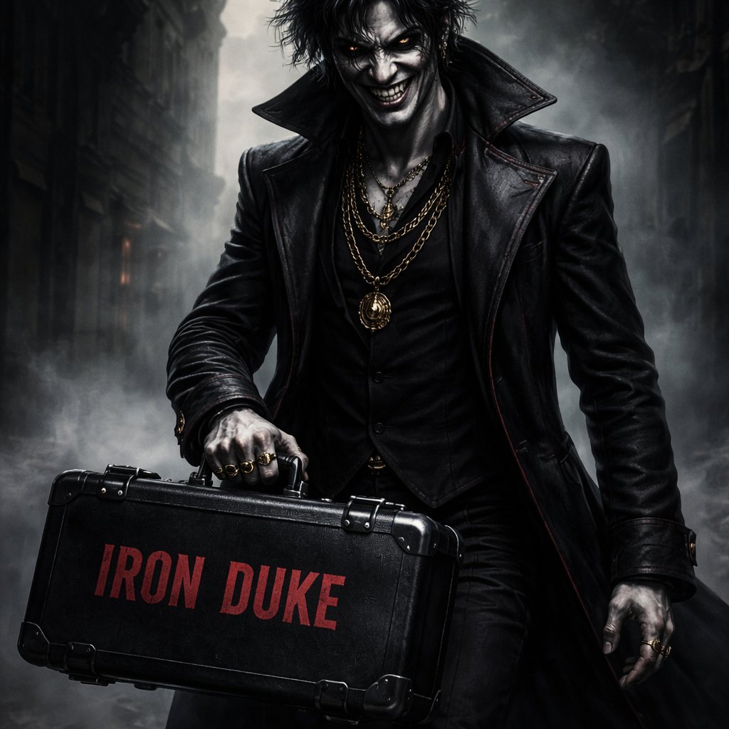 ⸻ He stands tall with an imposing, almost predatory presence — his skin pale white, smooth but marked with sharp shadowing that makes his features look carved from stone. His grin is wide and unsettling, stretching across his face with a confidence that borders on madness. His hair is messy and unrestrained, thick strands falling wildly around his face and jutting outward as if charged with static energy. It gives him a chaotic, untamed aura — like he’s constantly on the verge of action. He wears the same dark, flowing outfit — a heavy, draped coat that hangs over his shoulders with dramatic weight. The interior lining carries subtle red accents, visible at the collar and seams, giving the black fabric a dangerous edge. Around his neck and wrists are gold jewelry pieces — thick chains, a medallion engraved with a fierce emblem, and solid gold rings that glint against his pale skin. The gold contrasts sharply with the dark clothing, symbolizing both wealth and dominance. His right hand grips the handle of a sleek, matte black case. The metal handle is darkened steel, sturdy and industrial. Across the face of the bag, written in bold, sharp red lettering, are the words: IRON DUKE The red text looks almost branded into the surface — striking and powerful against the black finish. There is no numbering or extra markings on the side — just the man, his presence, and the case. He radiates authority, chaos, and calculated power — the kind of figure who walks into a room already owning it.