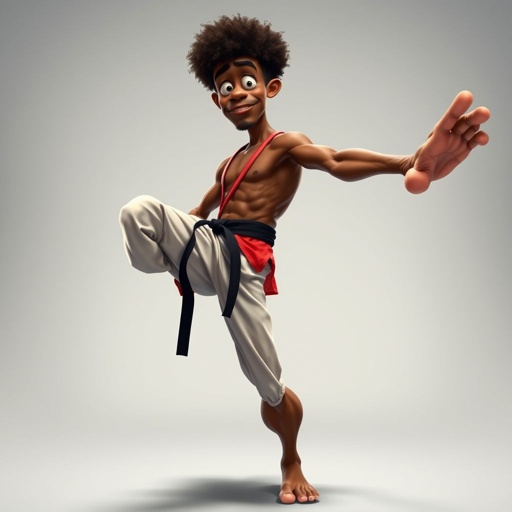 Create a character who looks like a funny African karate guy who doesn’t have a clue what he is doing. Make him have weird toes, only speedos on and a black karate belt. Make him tal skinny and slinky.